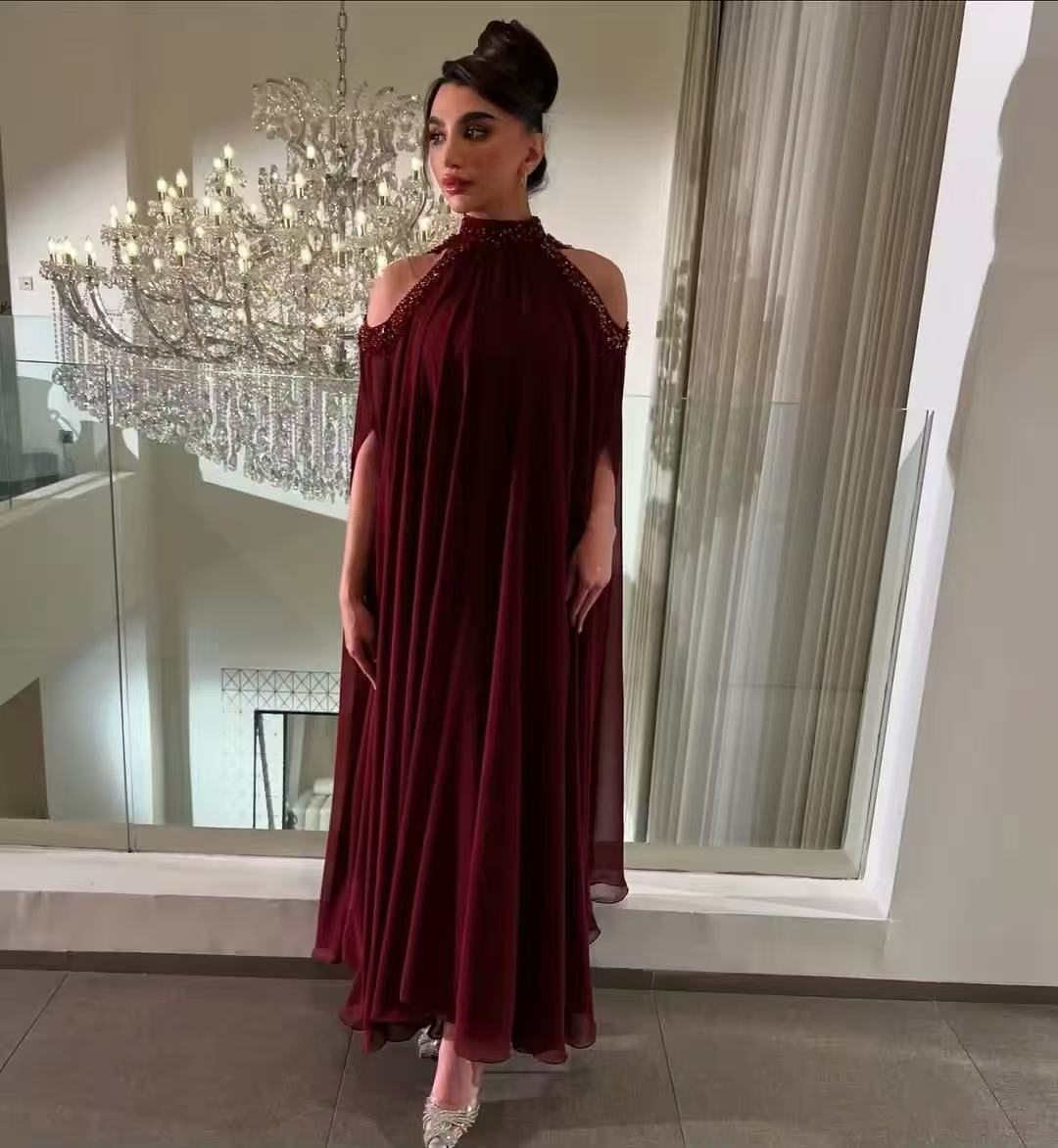 Women Formal Wear With Tie - Customized Saudi Burgundy Prom Dress Halter